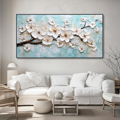 Spring Bloom Symphony White Floral Canvas on Teal