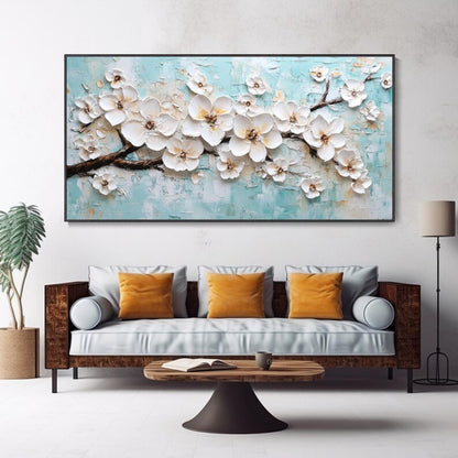 Spring Bloom Symphony White Floral Canvas on Teal