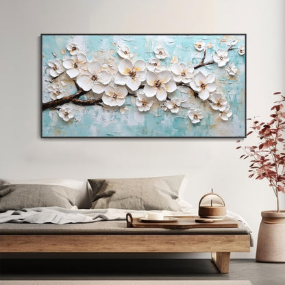 Spring Bloom Symphony White Floral Canvas on Teal