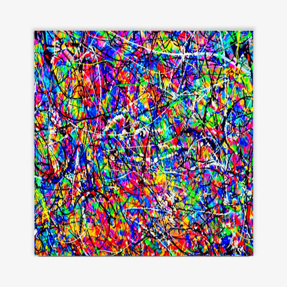Square vibrant multicolour abstract drip painting with energetic splashes and layered lines in Pollock-inspired style on canvas