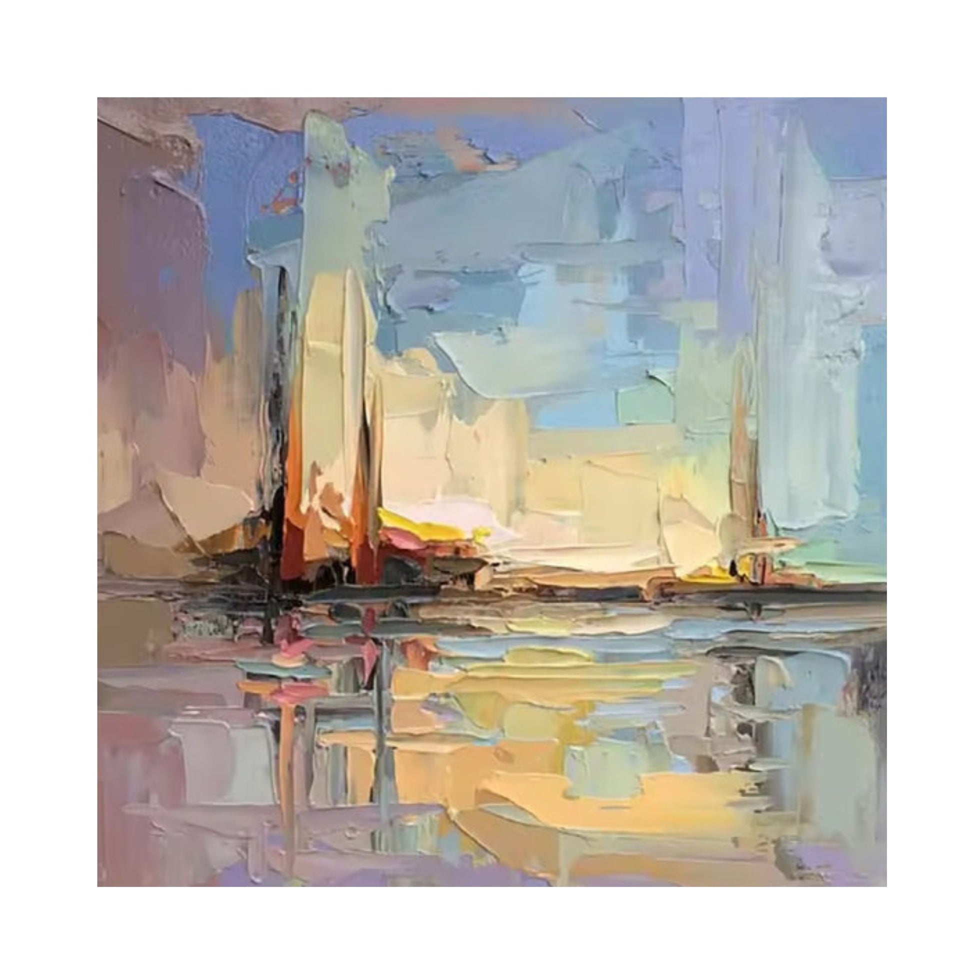 Hand-painted abstract cityscape wall art in pastel tones with palette knife texture