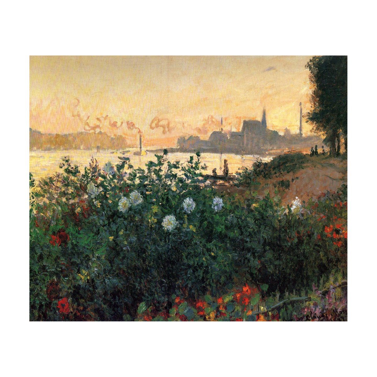 Hand-painted canvas featuring a flower-filled garden overlooking water and a distant skyline in warm evening light.