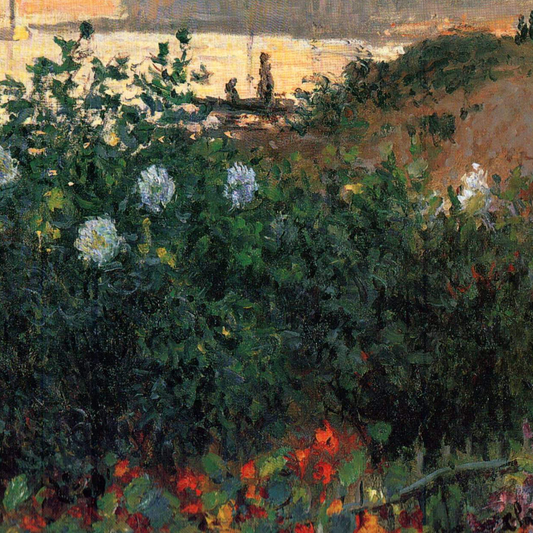 Hand-painted canvas featuring a flower-filled garden overlooking water and a distant skyline in warm evening light.