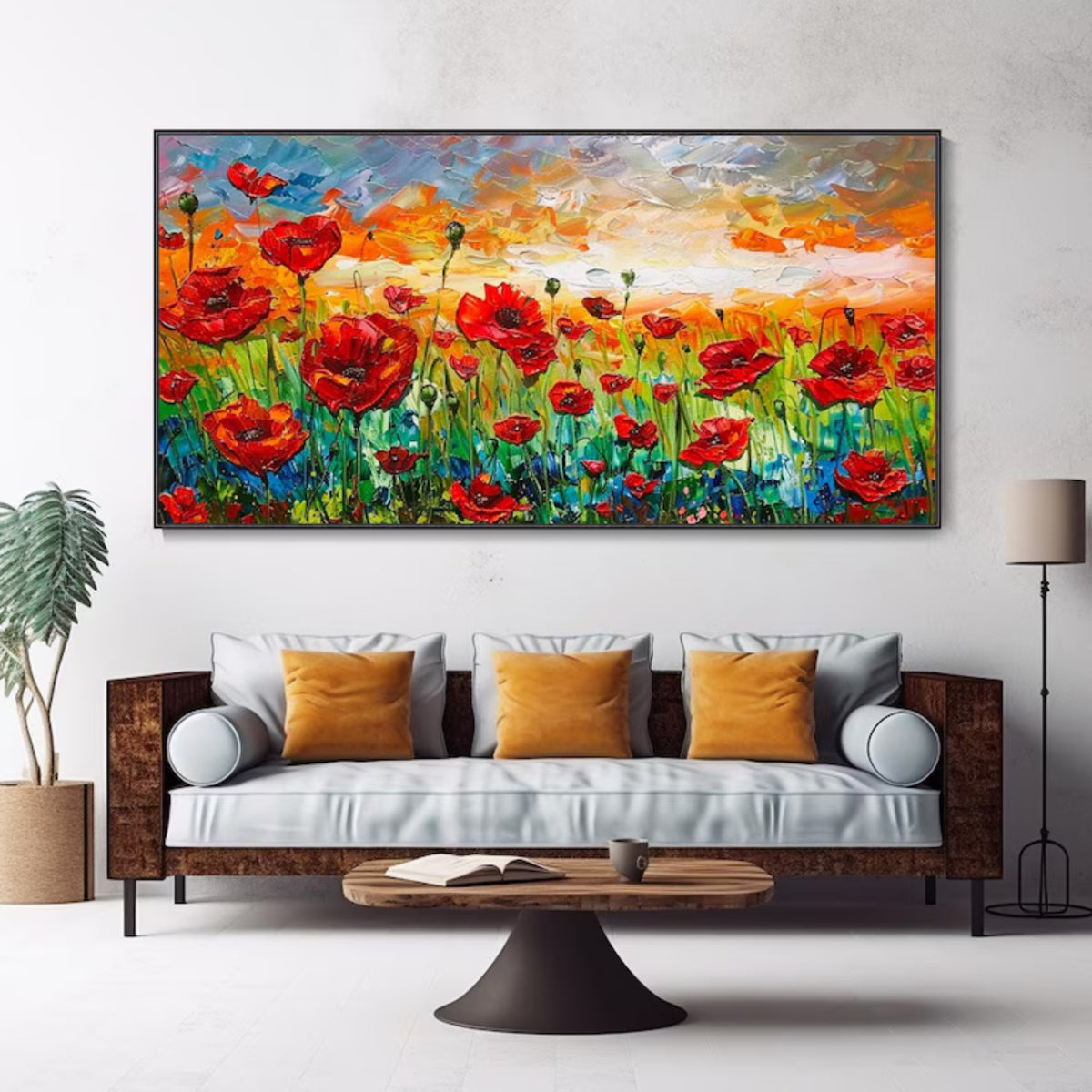 Interior preview of crimson poppies in a green field beneath an orange, yellow and lavender sunset.