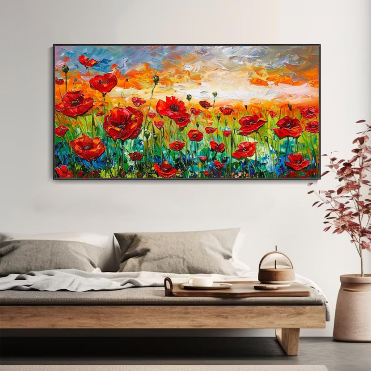 Interior preview of crimson poppies in a green field beneath an orange, yellow and lavender sunset.