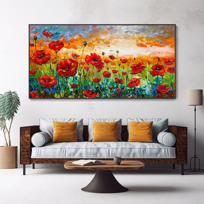 Sunset Poppies Red Wildflower Field at Dusk