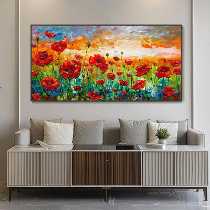 Sunset Poppies Red Wildflower Field at Dusk