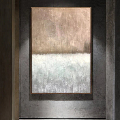 Room mockup showing muted taupe upper field above a broad white band and softly streaked pale blue-grey lower area.