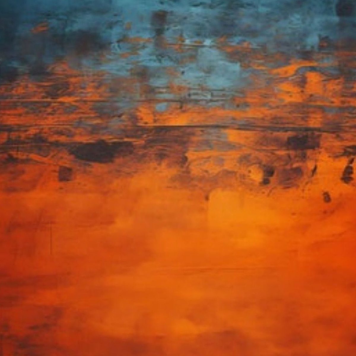 Hand-painted canvas showing teal blue and fiery orange with layered transitions and drips.