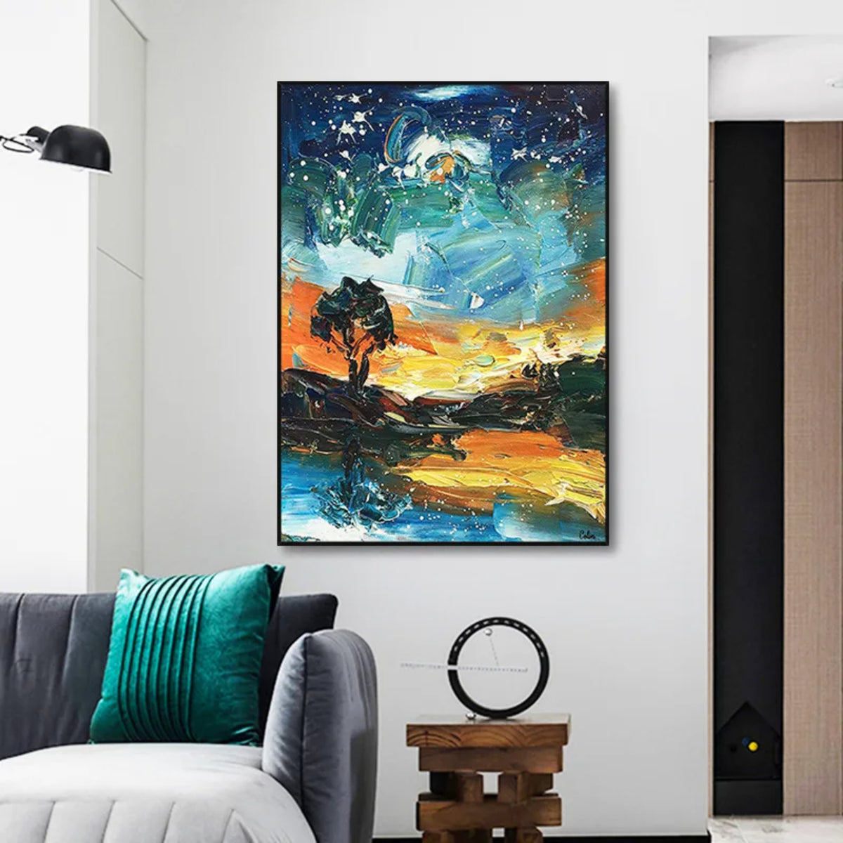Room mockup showing expressive teal and blue night sky with pale swirling marks above a dark tree and glowing orange-yellow landscape.