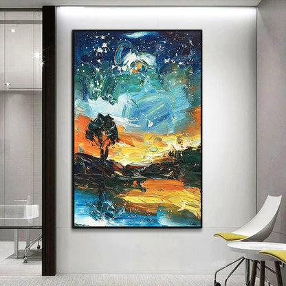 Room mockup showing expressive teal and blue night sky with pale swirling marks above a dark tree and glowing orange-yellow landscape.