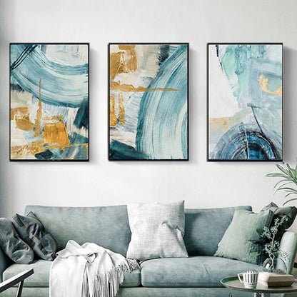 Room mockup showing three abstracts with sweeping teal and pale blue arcs over cream fields with gold-coloured geometric accents.