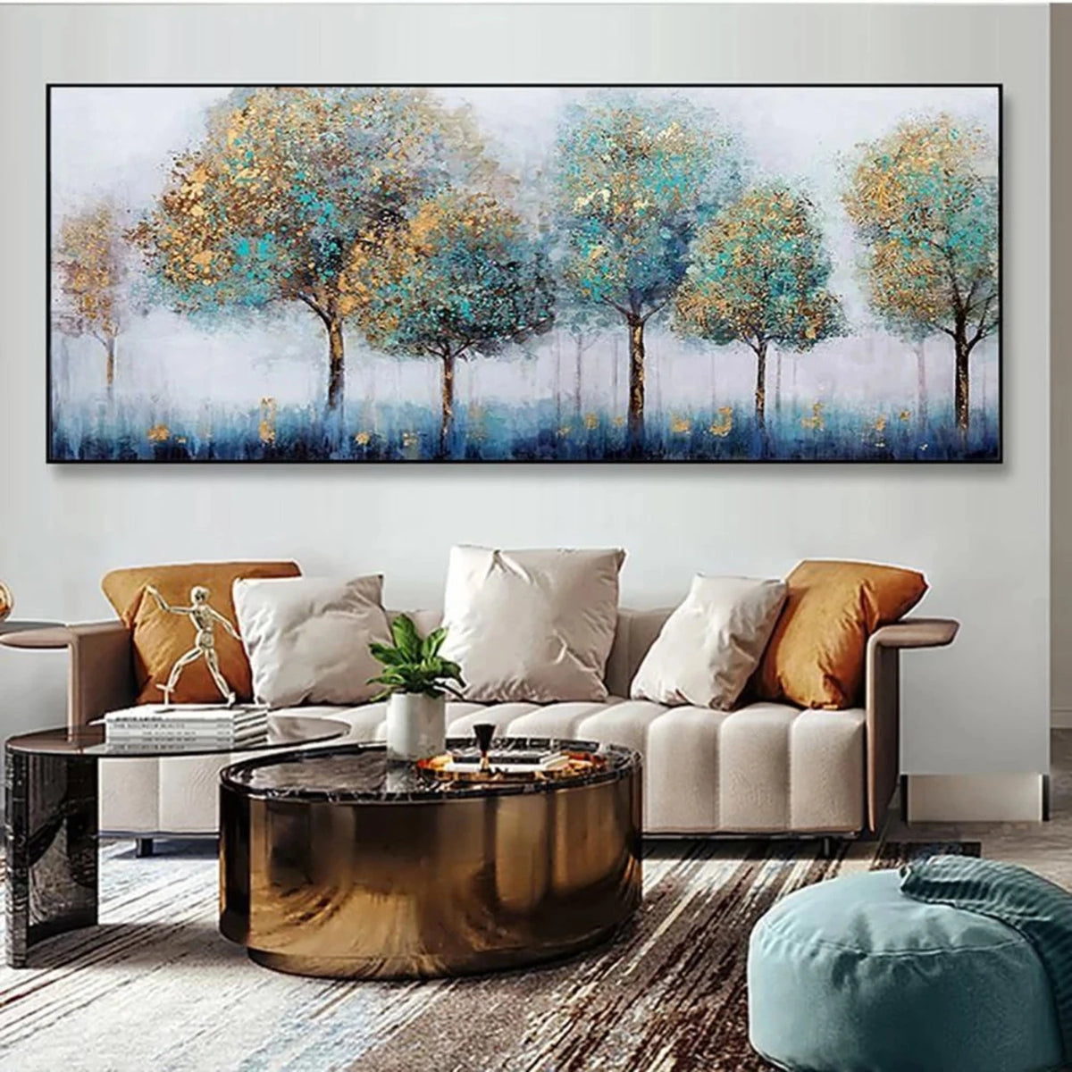 Room mockup showing row of softly rounded teal and gold-coloured tree canopies on slender dark trunks over a blue-grey ground.