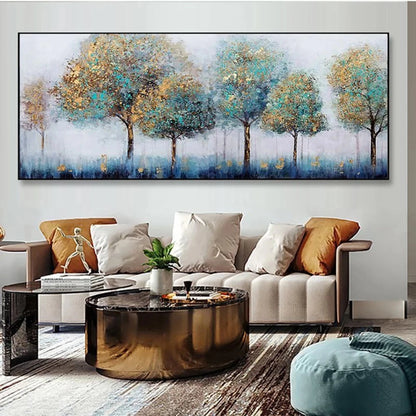 Room mockup showing row of softly rounded teal and gold-coloured tree canopies on slender dark trunks over a blue-grey ground.