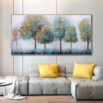 Room mockup showing row of softly rounded teal and gold-coloured tree canopies on slender dark trunks over a blue-grey ground.