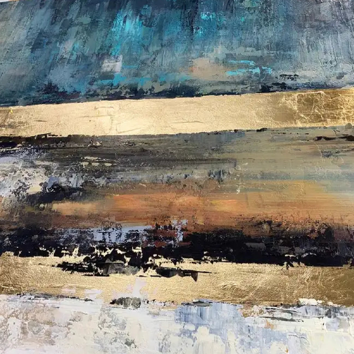 Close-up. Deep teal above broad gold-coloured and brown horizontal bands, with rough black, cream and white textured strokes below.
