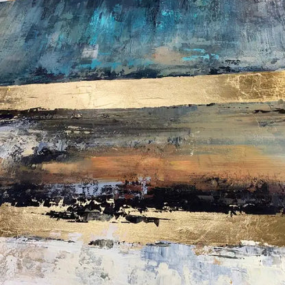 Close-up. Deep teal above broad gold-coloured and brown horizontal bands, with rough black, cream and white textured strokes below.