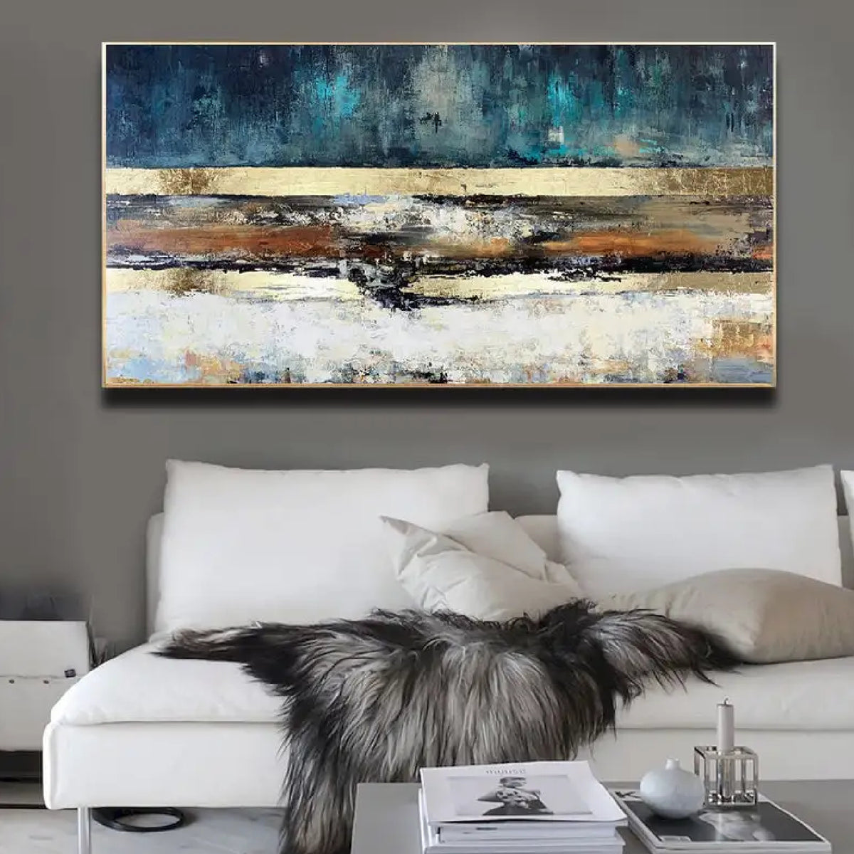 Room mockup. Deep teal above broad gold-coloured and brown horizontal bands, with rough black, cream and white textured strokes below.