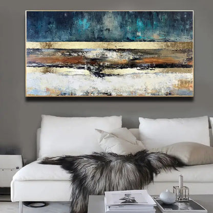 Room mockup. Deep teal above broad gold-coloured and brown horizontal bands, with rough black, cream and white textured strokes below.