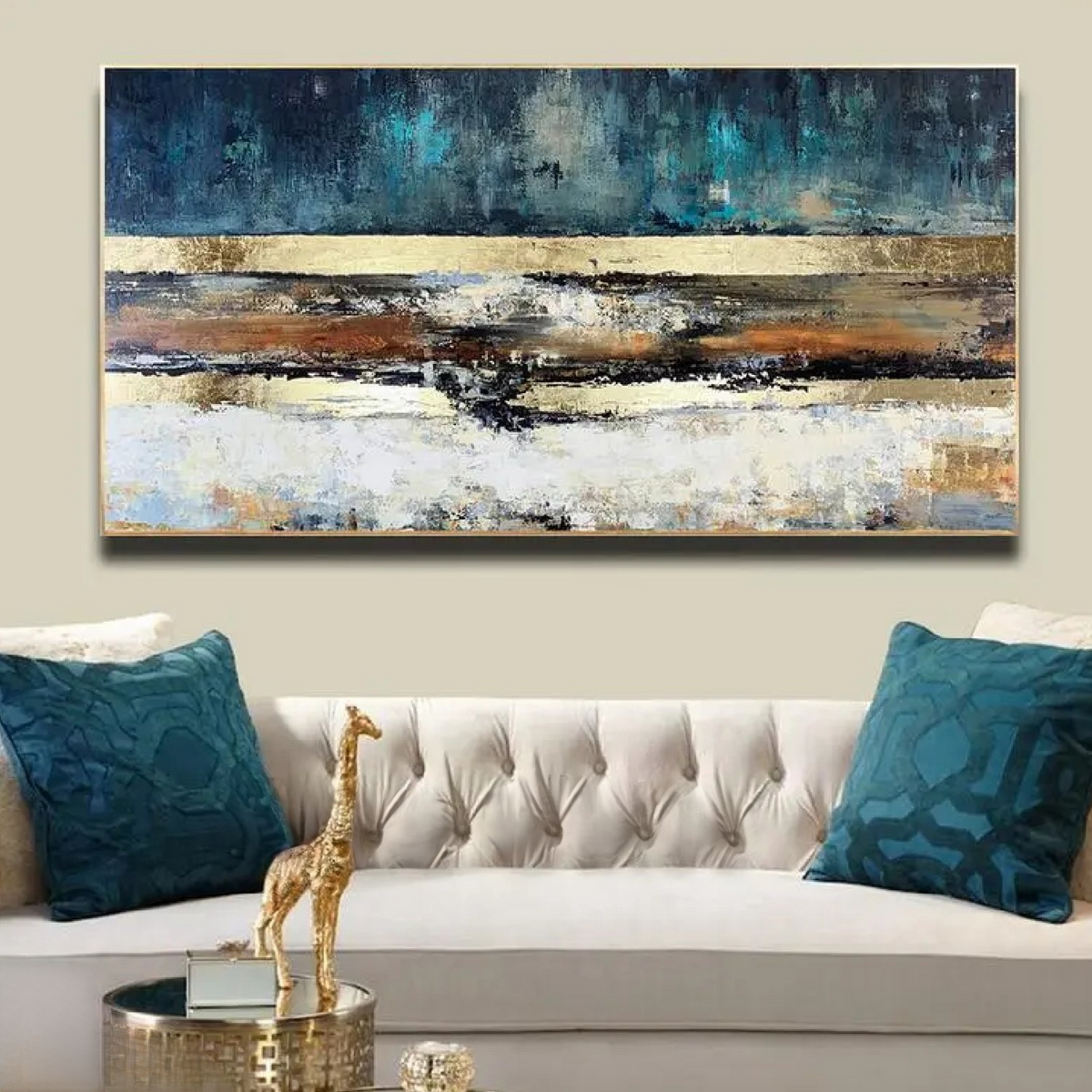 Room mockup. Deep teal above broad gold-coloured and brown horizontal bands, with rough black, cream and white textured strokes below.