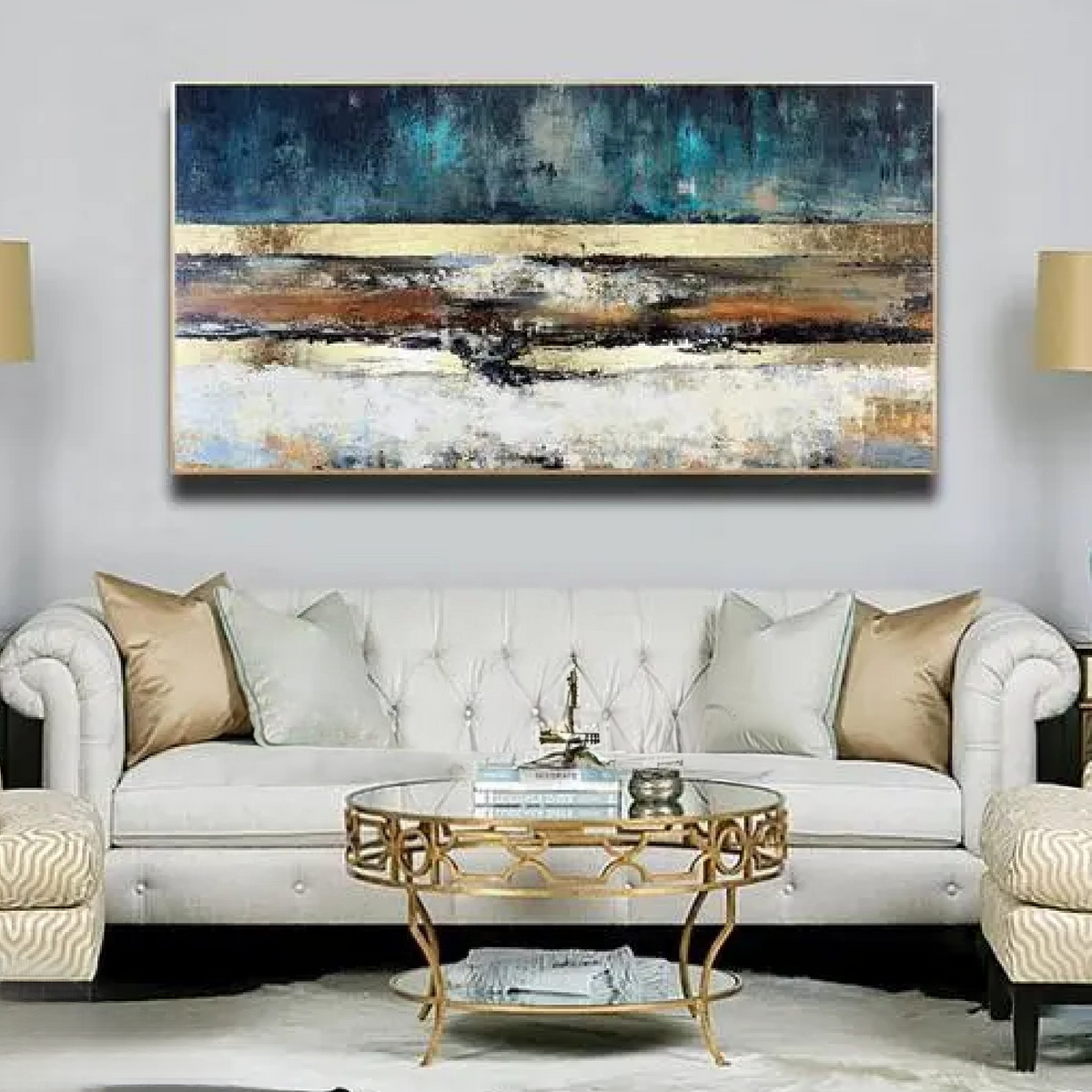 Room mockup. Deep teal above broad gold-coloured and brown horizontal bands, with rough black, cream and white textured strokes below.