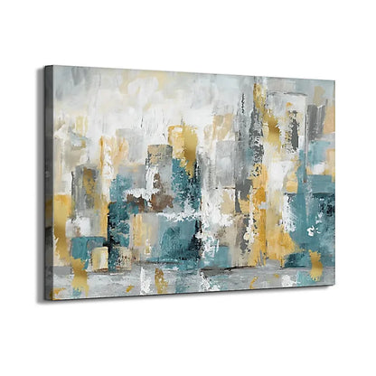 Layered teal, grey, white and ochre rectangular strokes with raised textured patches.