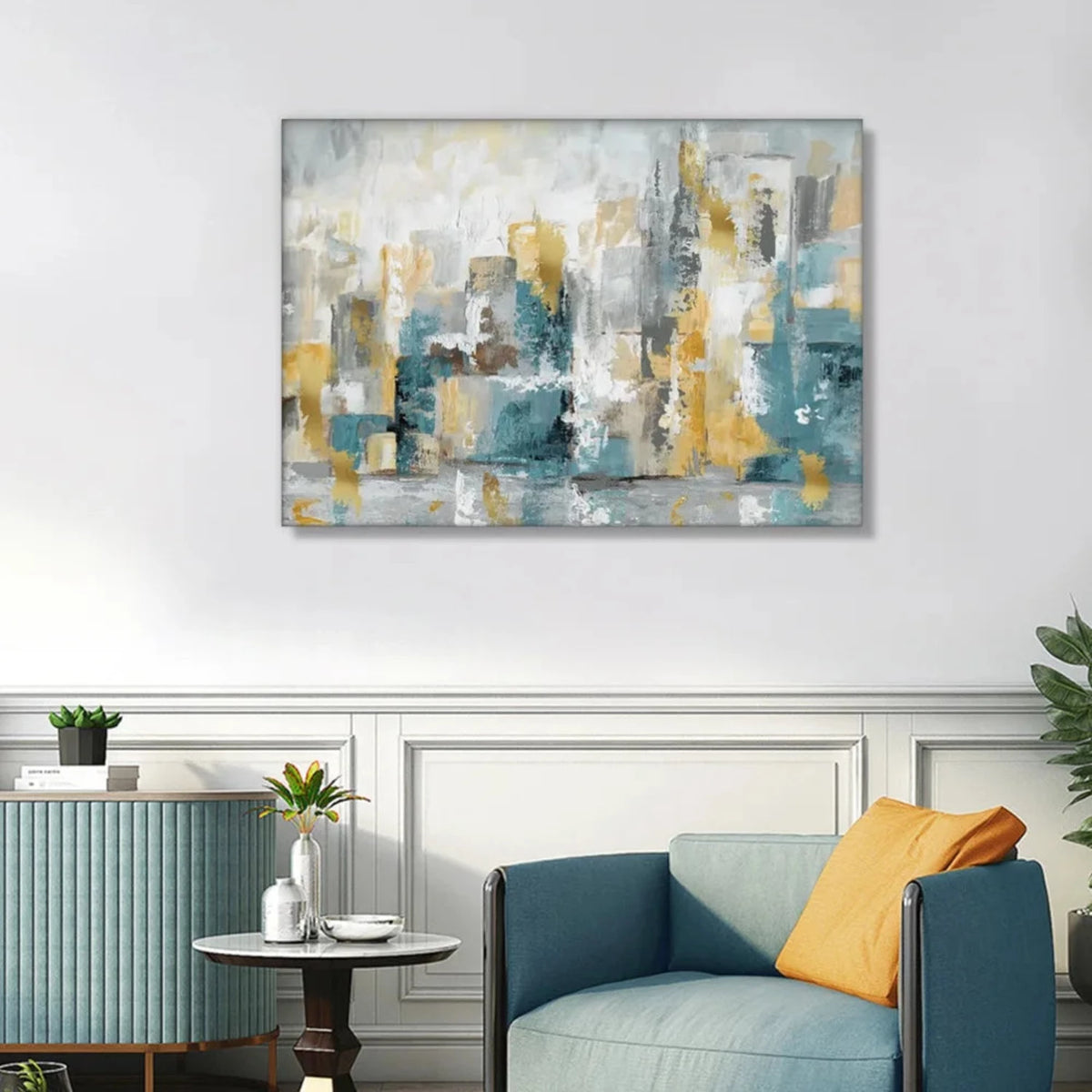 Room mockup showing layered teal, grey, white and ochre rectangular strokes with raised textured patches.