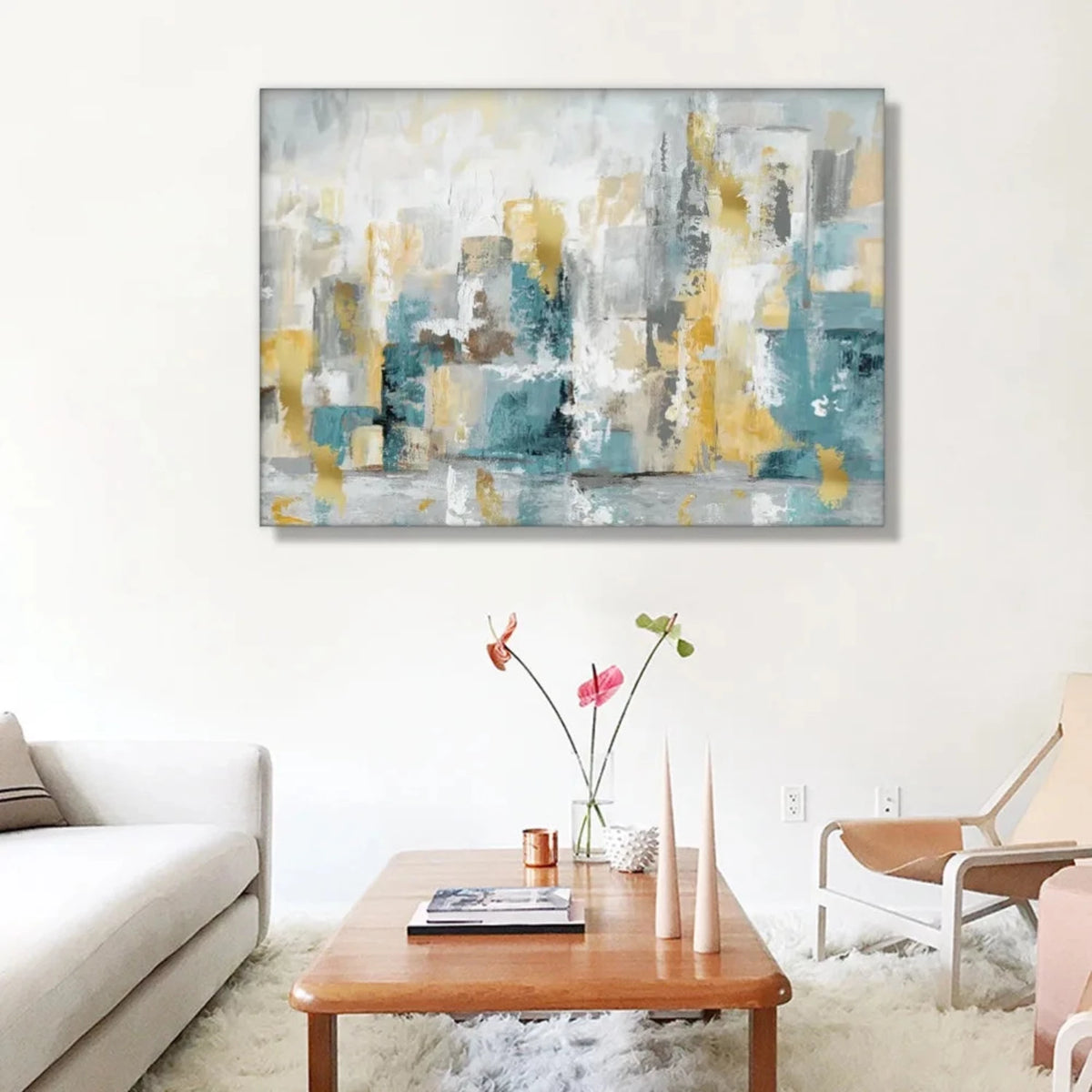 Room mockup showing layered teal, grey, white and ochre rectangular strokes with raised textured patches.
