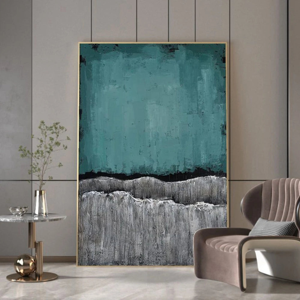 Room mockup showing teal upper field above two ridged light grey bands separated by irregular dark edges.