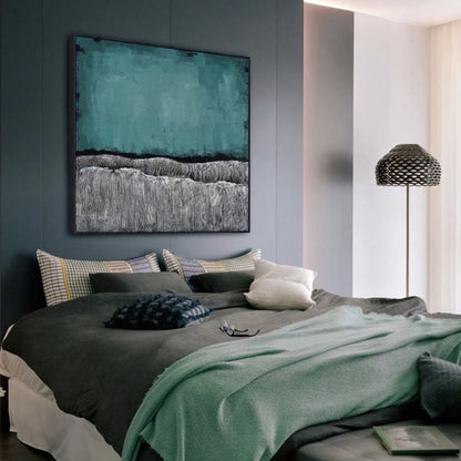 Room mockup showing teal upper field above two ridged light grey bands separated by irregular dark edges.