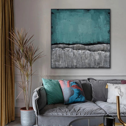 Room mockup showing teal upper field above two ridged light grey bands separated by irregular dark edges.