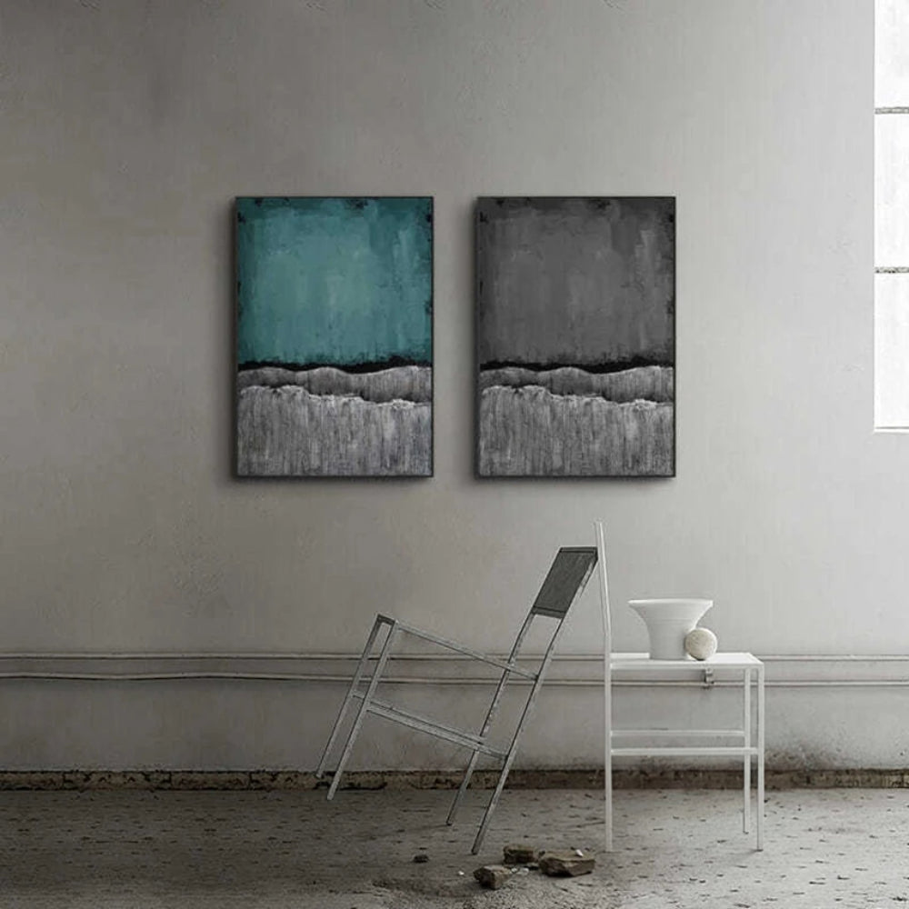 Room mockup showing pair of textured abstracts with teal and charcoal upper fields over ridged grey lower bands divided by dark edges.