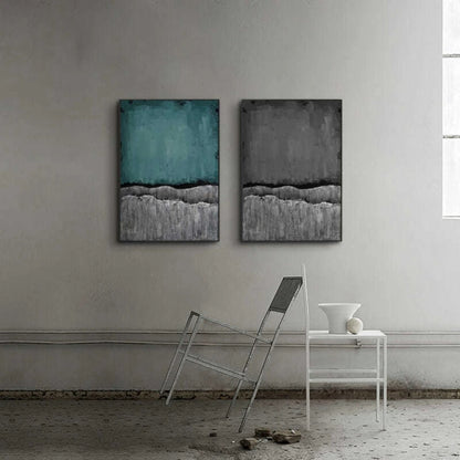 Room mockup showing pair of textured abstracts with teal and charcoal upper fields over ridged grey lower bands divided by dark edges.
