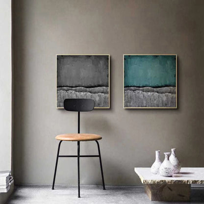 Room mockup showing pair of textured abstracts with teal and charcoal upper fields over ridged grey lower bands divided by dark edges.