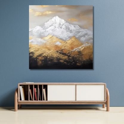 3D Textured Mountain Landscape – Hand-Painted Gold & Snow Impasto Wall Art