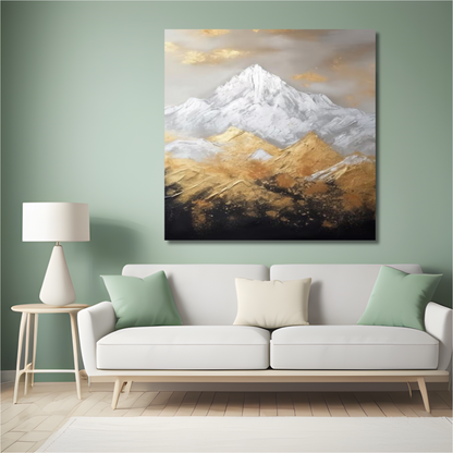 3D Textured Mountain Landscape – Hand-Painted Gold & Snow Impasto Wall Art