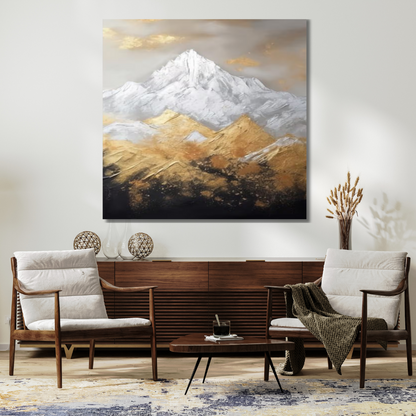3D Textured Mountain Landscape – Hand-Painted Gold & Snow Impasto Wall Art