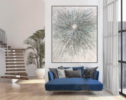 3D Textured Burst Abstract Painting – Neutral Grey, Taupe & Teal Wall Art on Canvas