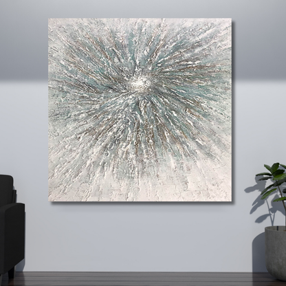 3D Textured Burst Abstract Painting – Neutral Grey, Taupe & Teal Wall Art on Canvas