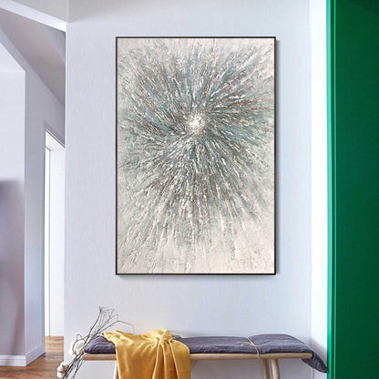 3D Textured Burst Abstract Painting – Neutral Grey, Taupe & Teal Wall Art on Canvas