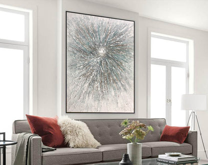 3D Textured Burst Abstract Painting – Neutral Grey, Taupe & Teal Wall Art on Canvas