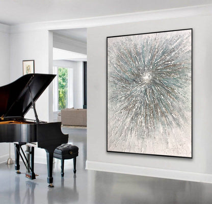 3D Textured Burst Abstract Painting – Neutral Grey, Taupe & Teal Wall Art on Canvas