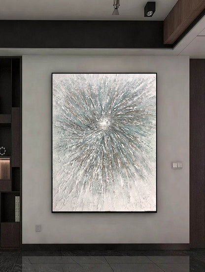 3D Textured Burst Abstract Painting – Neutral Grey, Taupe & Teal Wall Art on Canvas