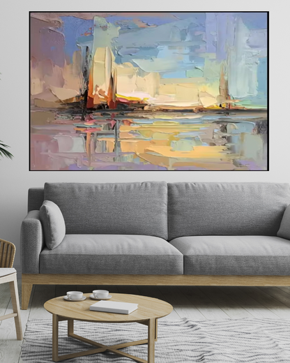 Sunset Cityscape Palette Knife Painting – Hand-Painted Abstract Wall Art in Pastel Tones