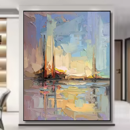 Sunset Cityscape Palette Knife Painting – Hand-Painted Abstract Wall Art in Pastel Tones