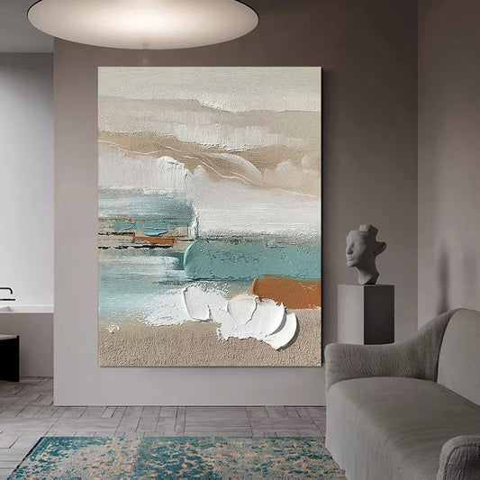 Room mockup showing textured beige and white layers with muted aqua blocks and a small rust-brown accent.