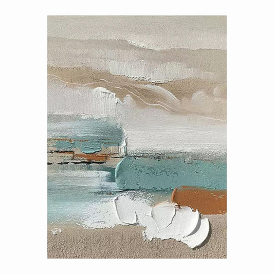 Textured beige and white layers with muted aqua blocks and a small rust-brown accent.
