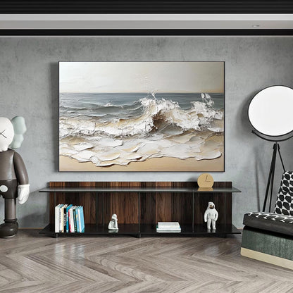 3D Textured Ocean Wave – Hand-Painted Impasto Coastal Canvas in Beige & Grey
