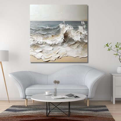 3D Textured Ocean Wave – Hand-Painted Impasto Coastal Canvas in Beige & Grey