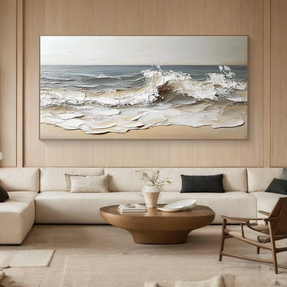 3D Textured Ocean Wave – Hand-Painted Impasto Coastal Canvas in Beige & Grey